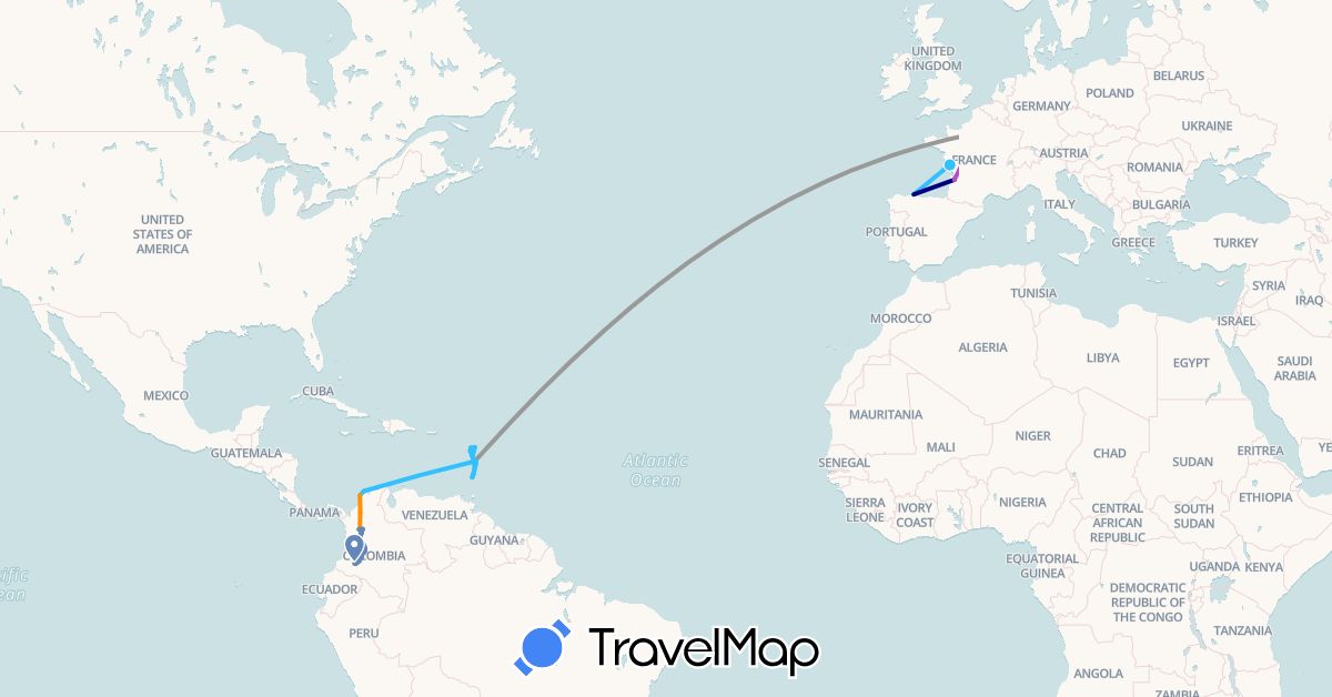 TravelMap itinerary: driving, bus, plane, cycling, train, boat, hitchhiking in Colombia, Dominica, Spain, France, Saint Lucia, Saint Vincent and the Grenadines (Europe, North America, South America)